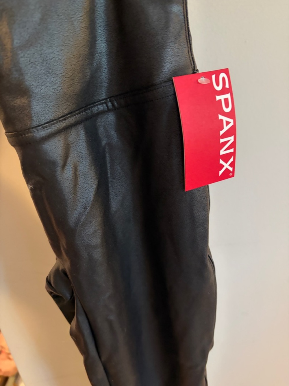 SPANX Black Faux Leather Leggings with Red Tag